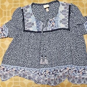 Knox Rose Navy and Light Blue Paisley Blouse